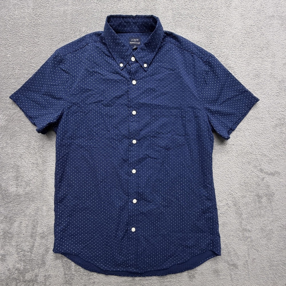 J.CREW Shirt Mens M Blue Polka Dot Short Sleeve Button Up Collared Seersucker